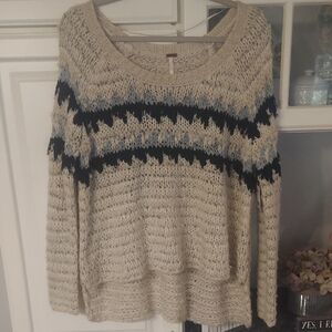 Free People Beige and Blue Hi/Low Chunky Sweater Size S